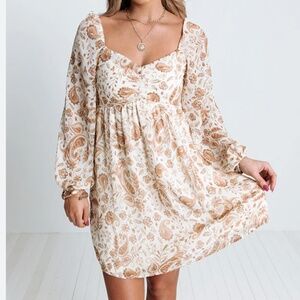 Promesa Cream & Tan Paisley Boho Babydoll Dress - Size L